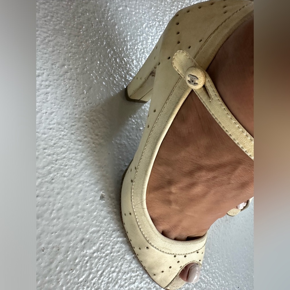 Chanel Mary Jane Cream Lambskin Peep Toe Block Heels